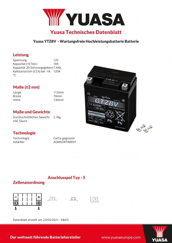 Batterie für Yamaha YZF-R3 320 A ABS RH07 2016 YUASA YTZ8V AGM geschlossen 